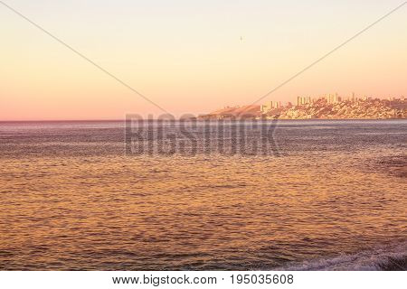 Pacific Ocean With Buildings Of Vina Del Mar, Chile