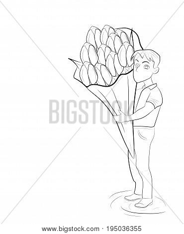 A sketch of a man holding a large bouquet of flowers. vector illustration.