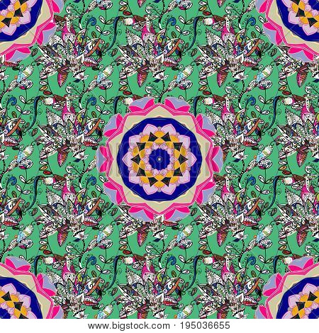 Seamless Chichi fabric pattern. Vector illustration. Flat Flower Elements Design. Colour Spring Theme seamless pattern Background. Flowers pattern.