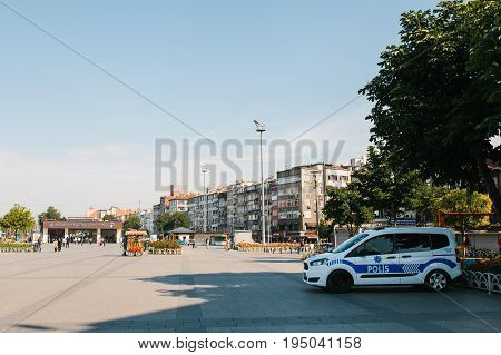 Istanbul, July 11, 2017: A police car on the street in the Aksaray area in Istanbul, Turkey. Protection of public order, protection of the population from crime.