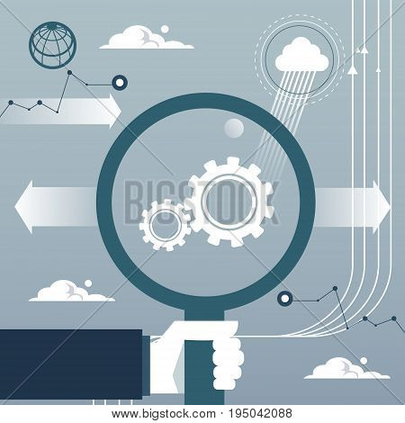 Business Man Hand Hold Magnifying Glass Cog Wheel Brainstorm Concept Flat Vector Illustration