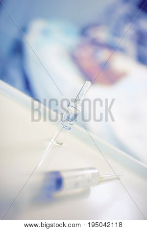 Medicine with syringe in the patients ward.