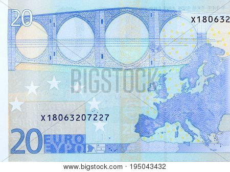 Twenty euro banknote macro fragment, back side. High resolution photo.