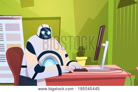Modern Robot Working In Office Sitting At Desk Artificial Intelligence Technology Concept Flat Vector Illustration