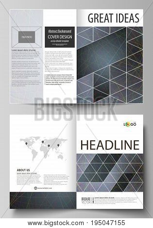 Business templates for bi fold brochure, magazine, flyer, booklet or annual report. Cover design template, easy editable vector, abstract flat layout in A4 size. Colorful dark background with abstract lines. Bright color chaotic, random, messy curves. Col