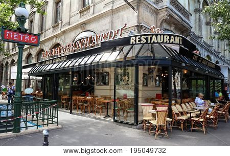 Paris, France-JULY 07, 2017 : The famous French cafe Sarah Bernardt named after the famed Parisian actress and singer, located at place du Chatelet in Paris.