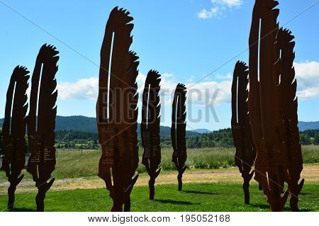 Victoria BC,Canada,June 4th 2017.A memorial dedicated to fallen airmen and women erected in Victoria.Coopers hawk feathers made from metal with fallen soldiers names cut into it honor the brave men and women who gave their lives for our freedom.