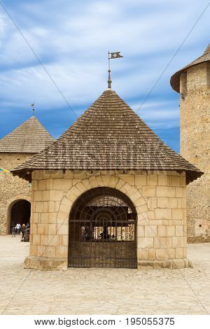 Khotyn Ukraine - 21 May 2017: Inside of the Khotyn castle in Ukraine. The castle well is located in the center of the territory.