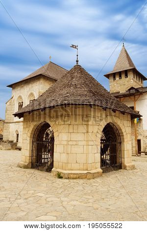Khotyn Ukraine - 21 May 2017: Inside of the Khotyn castle in Ukraine. The castle well is located in the center of the territory.