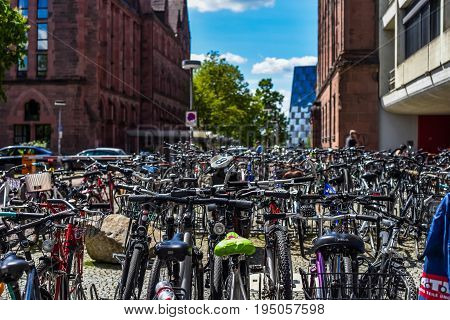 FREIBURG IM BREISGAU, GERMANY - May 17, 2017: old town street in Freiburg, a city in the south-western part of Germany