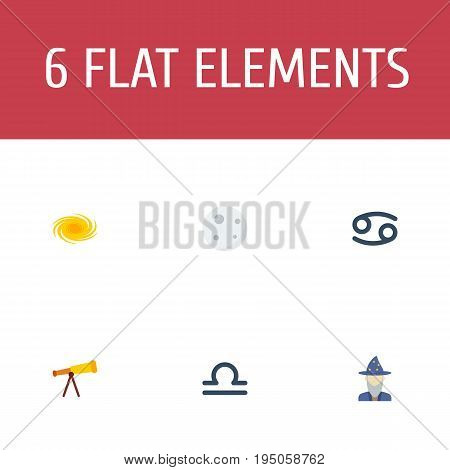 Flat Icons Augur, Crab, Optics And Other Vector Elements. Set Of Astrology Flat Icons Symbols Also Includes Optics, Satellite, Telescope Objects.