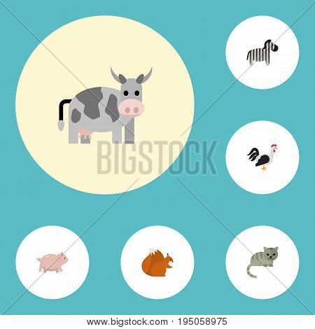 Flat Icons Chipmunk, Swine, Kine And Other Vector Elements. Set Of Animal Flat Icons Symbols Also Includes Pig, Cat, Rooster Objects.