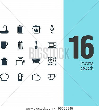 Vector Illustration Of 16 Kitchenware Icons. Editable Pack Of Mincer, Steelyard, Oven And Other Elements.