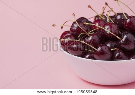 White Bowl Of Fresh Red Cherries On A Pink Background. Copy Space. Close-up