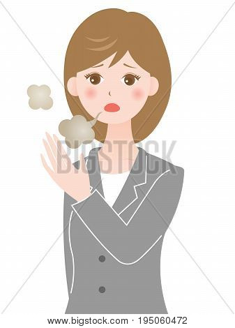 young business woman checking her bad breath with her hand