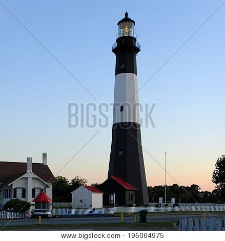 The black and white Tybee Island Lighthouse near Savannah Georgia