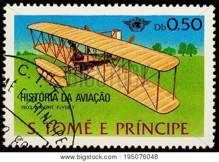 Moscow Russia - July 10 2017: A stamp printed in Sao Tome and Principe shows airplane brothers Wright (1903) series 