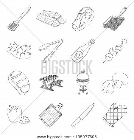 Meat, steak, firewood, grill, table and other accessories for barbecue.BBQ set collection icons in line style vector symbol stock illustration .