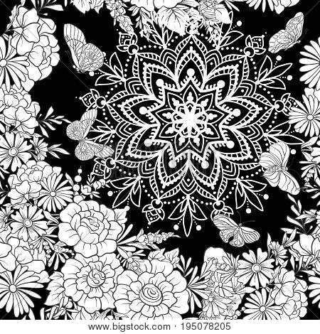 Floral seamless pattern with butterflies Stock vector illustration. In black and white.