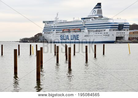 HELSINKI FINLAND - MARCH 17: Ferry boat SILJA LINE in port of Helsinki Finland at March 17 2016. The ferry Silja Line make regular flights between Helsinki and Stockholm