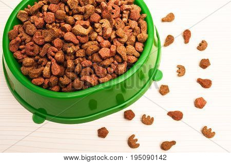 delicious dry food for cats in plastic bowl