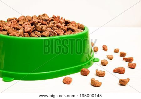delicious dry food for pets in plastic bowl. the view from the top