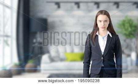 Young Beautiful Business Woman And Creative Designer Standing Over Blured Interior Background