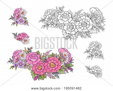Set of colored and outline bouquet of flowers.   Stock line vector illustration.