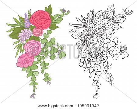 Set of colored and outline bouquet of flowers.   Stock line vector illustration.