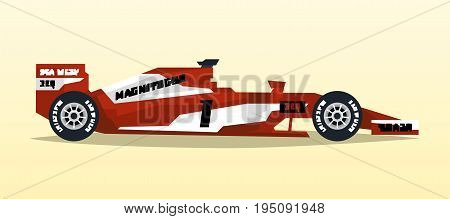 A racing bolid. Sport car. Quick transport. Powerful engine. Aerodynamic body. Tape off stickers of sponsors, inscriptions. Side view, isolated on background
