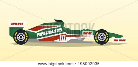 A racing bolid. Sport car. Quick transport. Powerful engine. Aerodynamic body. Side view, isolated on background