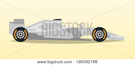 Gray racing bolid. Sports car. Quick transport. Powerful engine. Aerodynamic body. Side view, isolated on background. Vector illustration