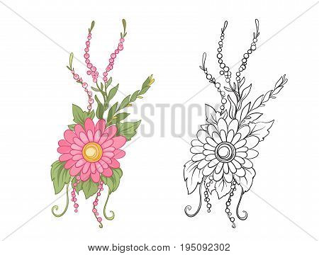 Set of colored and outline bouquet of flowers.   Stock line vector illustration.
