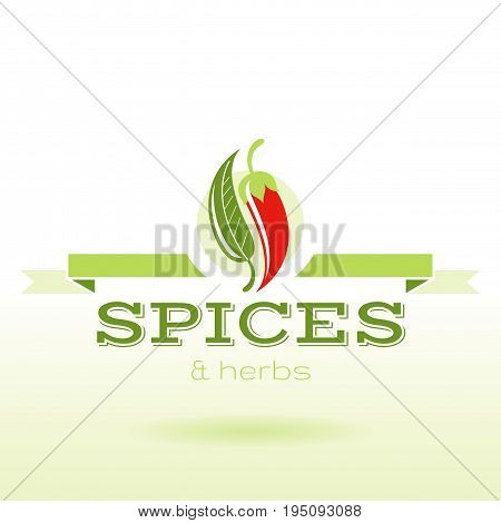 Spices and herbs logo text lettering, flat modern vector illustration. Bay leaf, chili pepper icon