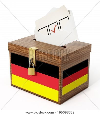 German flag textured ballot box and enveloppe. 3D illustration.