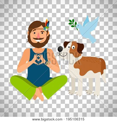 Hippie peace man with dog. Vector Illustration isolated on transparent background