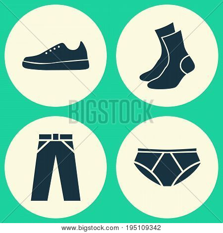 Garment Icons Set. Collection Of Sneakers, Half-Hose, Pants And Other Elements. Also Includes Symbols Such As Half-Hose, Shoes, Sneakers.