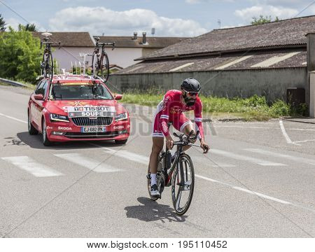 Bourgoin-Jallieu France - 07 May 2017: The French cyclist Geoffrey Soupe of Cofidis Team riding during the time trial stage 4 of Criterium du Dauphine 2017.