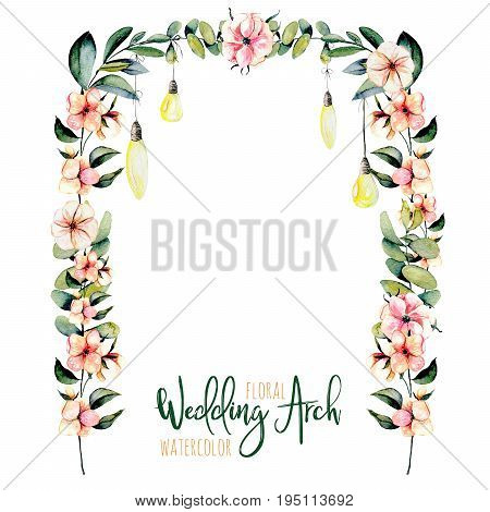 Watercolor floral wedding arch with hanging lamps for bridal design, wedding and invitation cards, hand painted isolated on a white background