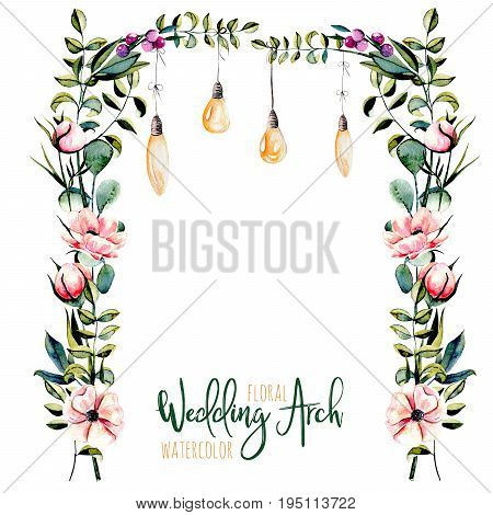 Watercolor floral wedding arch with hanging lamps for bridal design, wedding and invitation cards, hand painted isolated on a white background