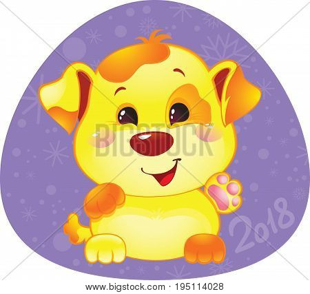 Cute Symbol of Chinese Horoscope - Yellow Dog. Happy 2018 New Year card. Funny puppy congratulates on holiday. Symbol of Chinese horoscope for 2018. Cute puppy in cartoon style