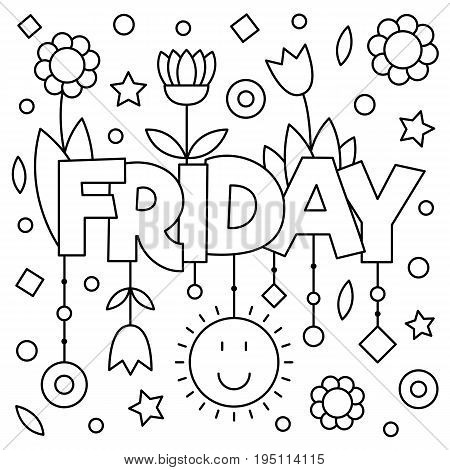 Coloring page. Vector illustration of a wek day. Friday