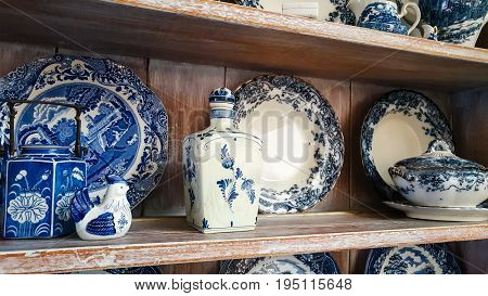 Collection of vintage crockery being displayed in kitchen