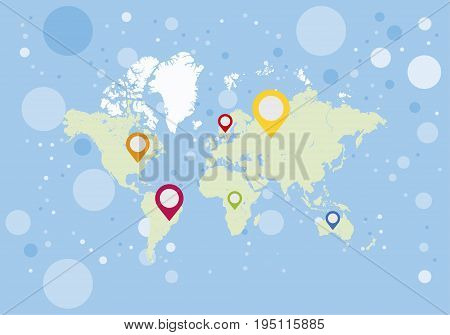 Map pointer icons on background world map. Flat Vector illustration EPS 10.