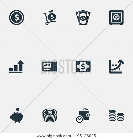 Vector Illustration Set Of Simple Money Icons. Elements Wallet, Secure Box, Banknote And Other Synonyms Interest, Finance And Wealth.