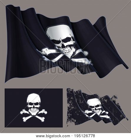Vector illustration of the waving pirate flag skull and crossbones. Each element on a separate layer with well-defined groups and subgroups. Easy to edit colors via Global Color