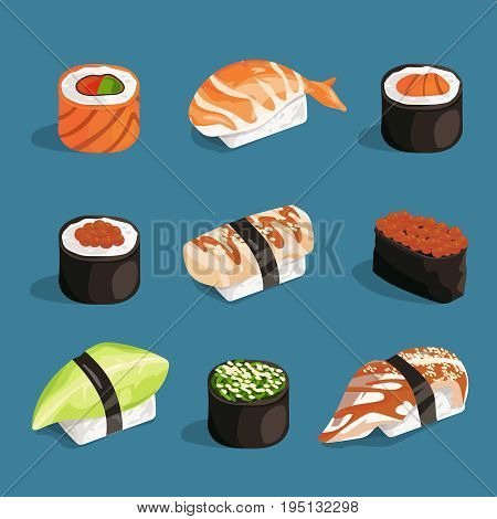 Set of classical asian food. White rice, sushi, salmon nori and different rolls. Vector pictures in cartoon style asian food roll sashimi, unagi and nori japanese illustration