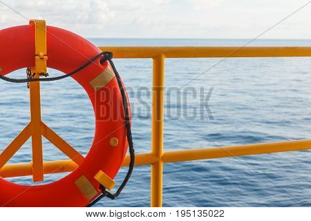 Safety equipment Lifebuoy or rescue buoy stand by sea to rescue people from drowning man on production platform Energy and petroleum industry sea offshore