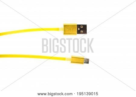 Two Yellow Connectors Of Micro Usb Cable On White Isolated Background. Horizontal Frame
