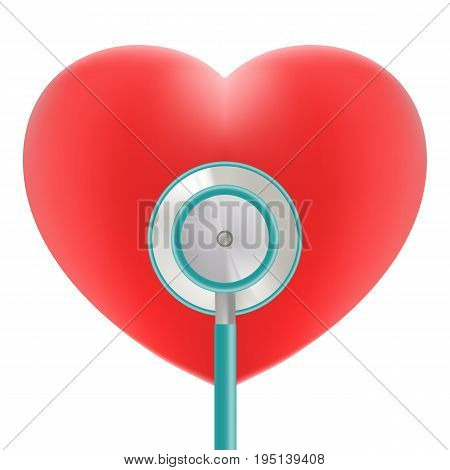 Red Heart With Stethoscope Use For Heart Medical Topic Isolated On A White Background. Realistic Vector Illustration. Medicine